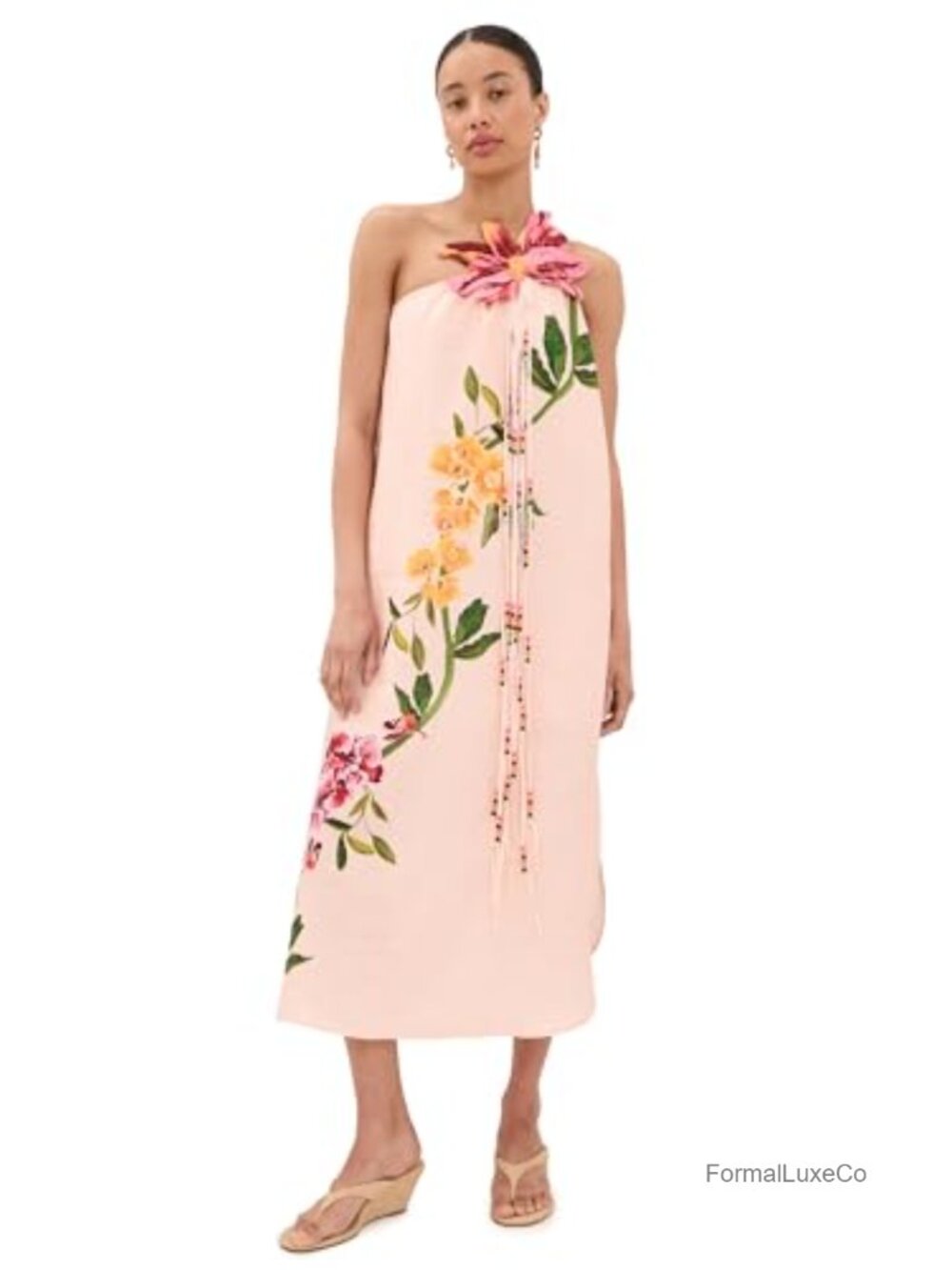 One Shoulder Linen Maxi Dress Beaded Fringe Floral A-Line Party
